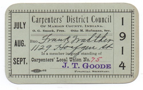 1914 carpenters union card - carpenters,